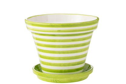Flowerpot+Plate Granada Stripes Handmade/Handpainted Ceramic Green/White Extra Large