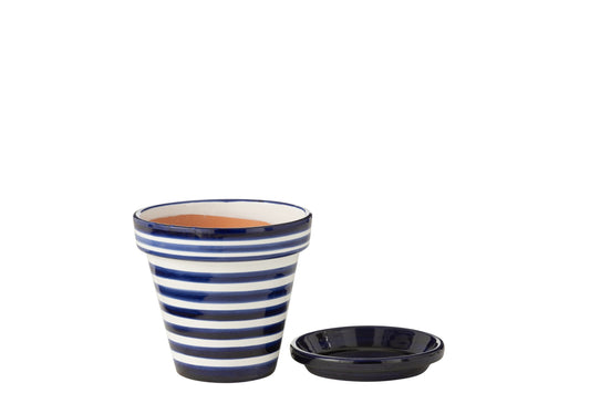 Flowerpot+Plate Granada Stripes Handmade/Handpainted Ceramic Cobalto Blue/White Medium