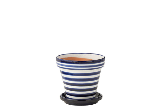 Flowerpot+Plate Granada Stripes Handmade/Handpainted Ceramic Cobalto Blue/White Medium