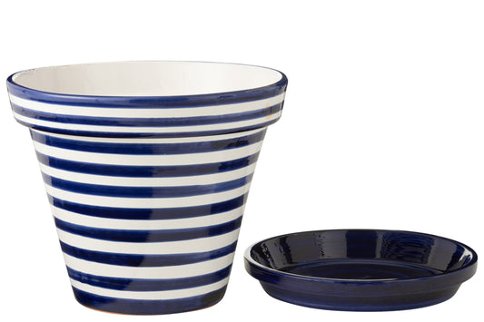 Flowerpot+Plate Granada Stripes Handmade/Handpainted Ceramic Cobalto Blue/White Extra Large