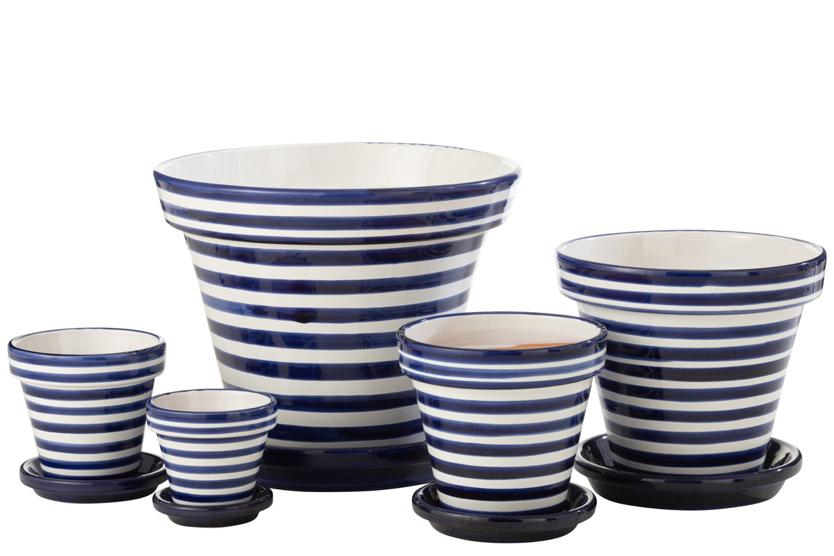 Flowerpot+Plate Granada Stripes Handmade/Handpainted Ceramic Cobalto Blue/White Extra Large