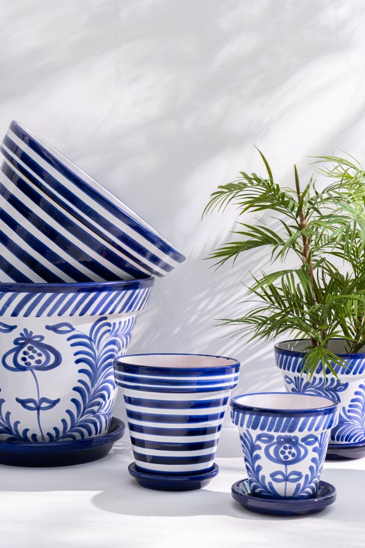 Flowerpot+Plate Granada Stripes Handmade/Handpainted Ceramic Cobalto Blue/White Extra Large