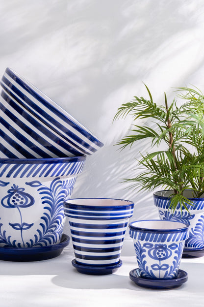 Flowerpot+Plate Granada Stripes Handmade/Handpainted Ceramic Cobalto Blue/White Extra Large