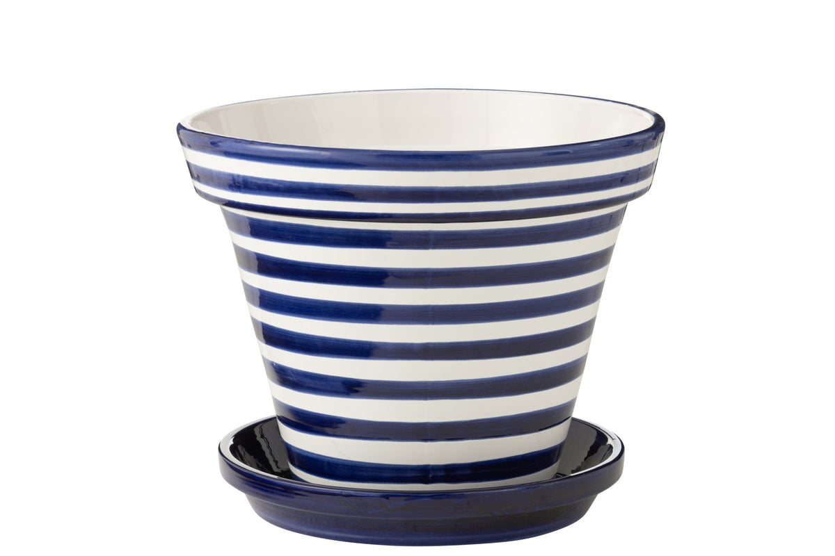 Flowerpot+Plate Granada Stripes Handmade/Handpainted Ceramic Cobalto Blue/White Extra Large