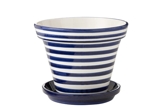 Flowerpot+Plate Granada Stripes Handmade/Handpainted Ceramic Cobalto Blue/White Extra Large