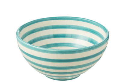 Large white/aqua Granada striped tall ceramic bowl
