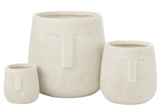 Set Of 3 Flowerpots Moai Clay White