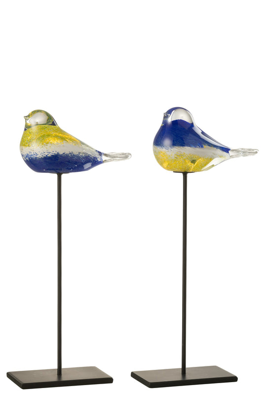 Bird On Foot Glass/Metal Blue/Yellow Large Assortment Of 2