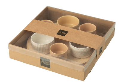 Tapas servies 6 sets + hout dienblad vensterdoos crème/wit
