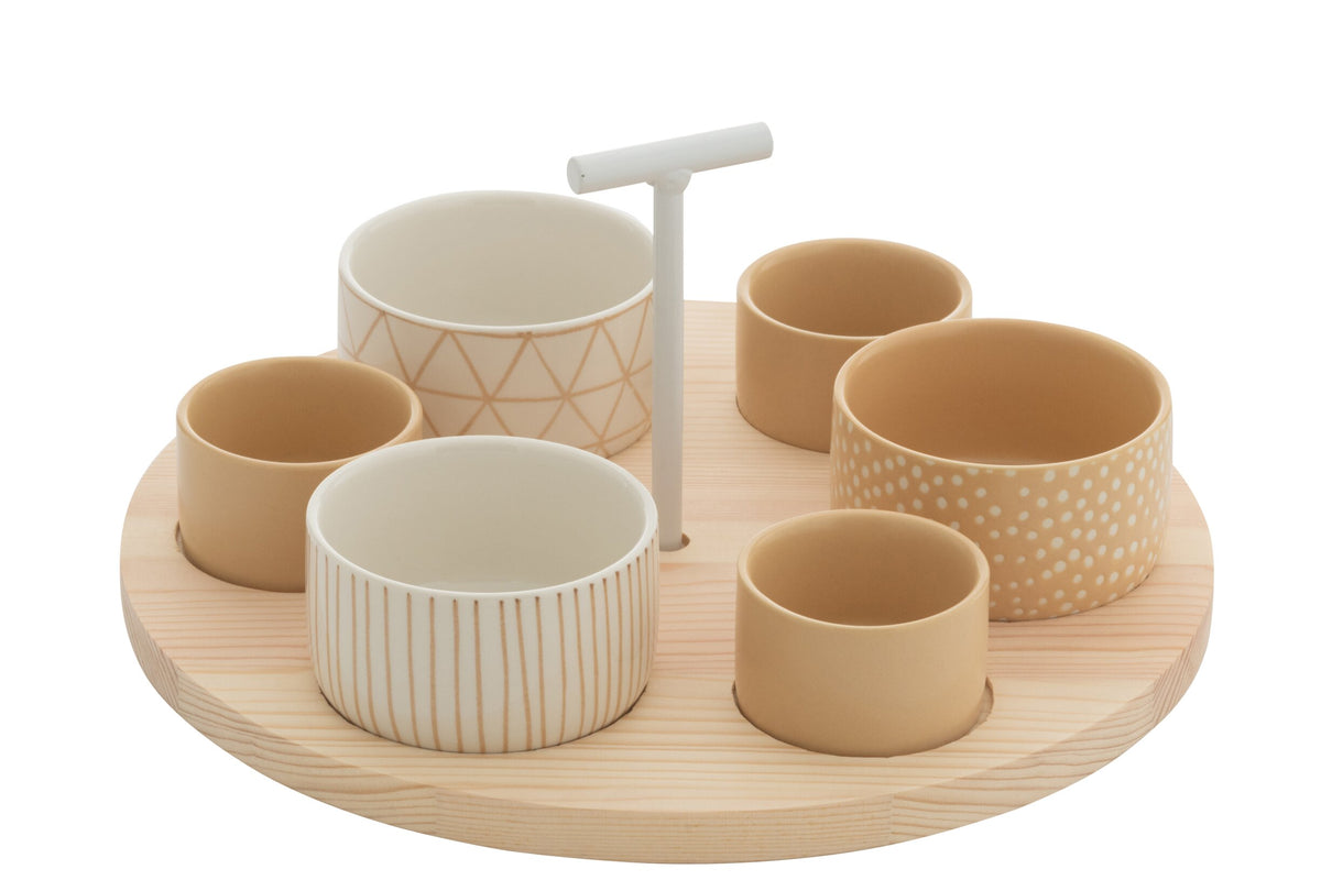 Tapas servies 6 sets + hout dienblad vensterdoos crème/wit