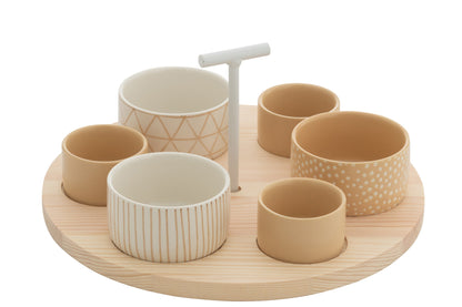 Tapas servies 6 sets + hout dienblad vensterdoos crème/wit