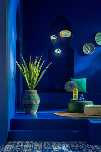 Mosaic glass/metal pendant lamp blue small