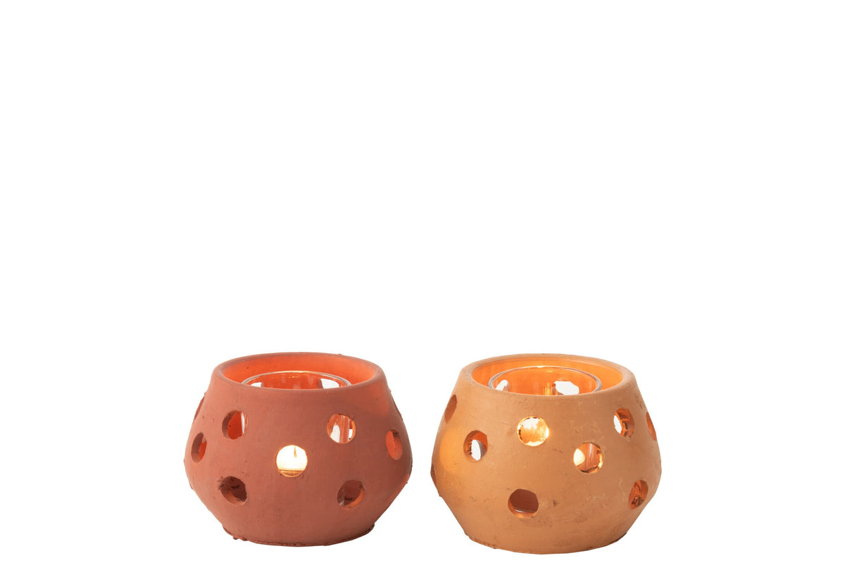 Theelichthouder Gaia Rond Klei/Glas Rood/Bruin Assortiment Van 2