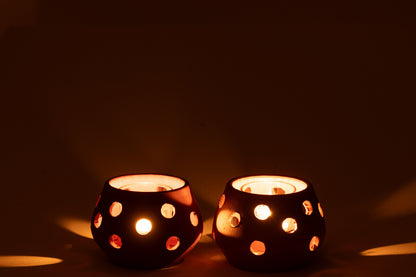 Theelichthouder Gaia Rond Klei/Glas Rood/Bruin Assortiment Van 2