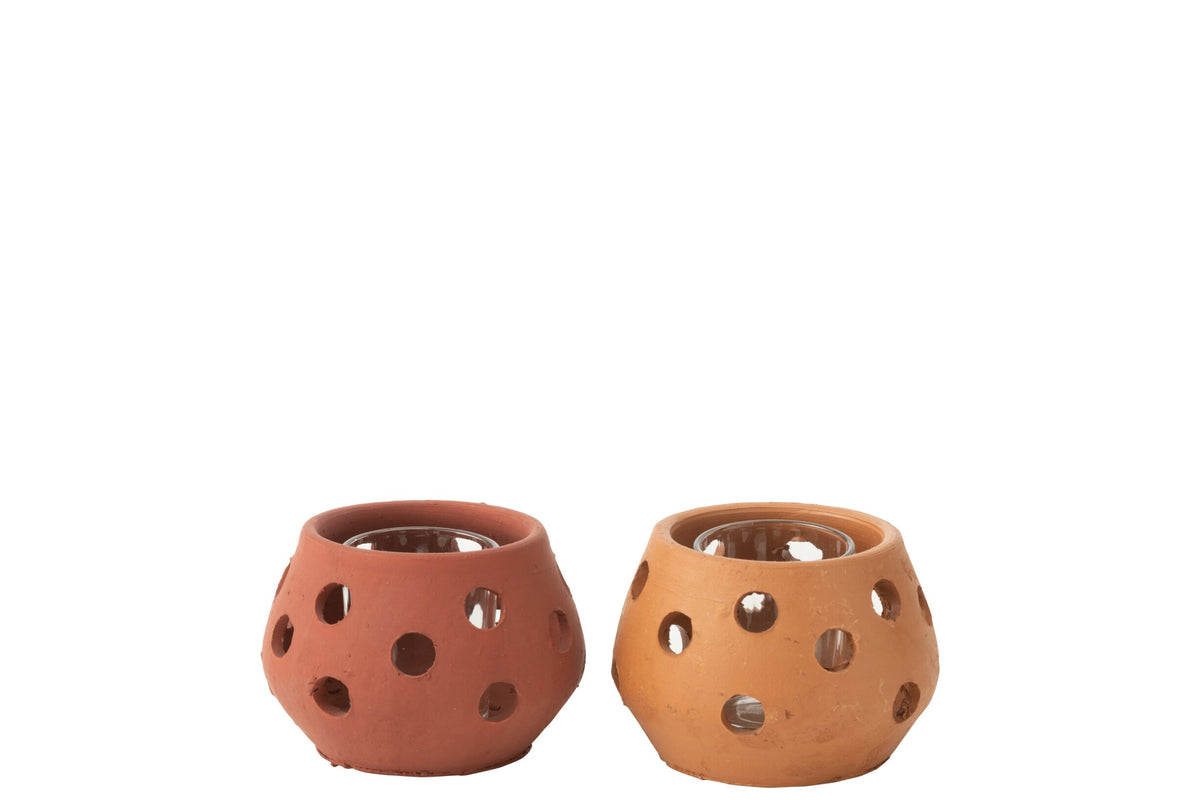 Theelichthouder Gaia Rond Klei/Glas Rood/Bruin Assortiment Van 2