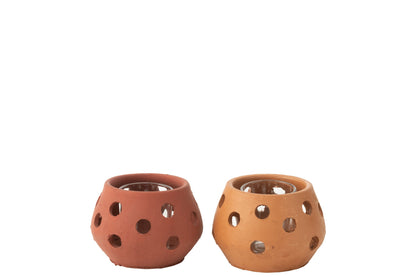 Theelichthouder Gaia Rond Klei/Glas Rood/Bruin Assortiment Van 2