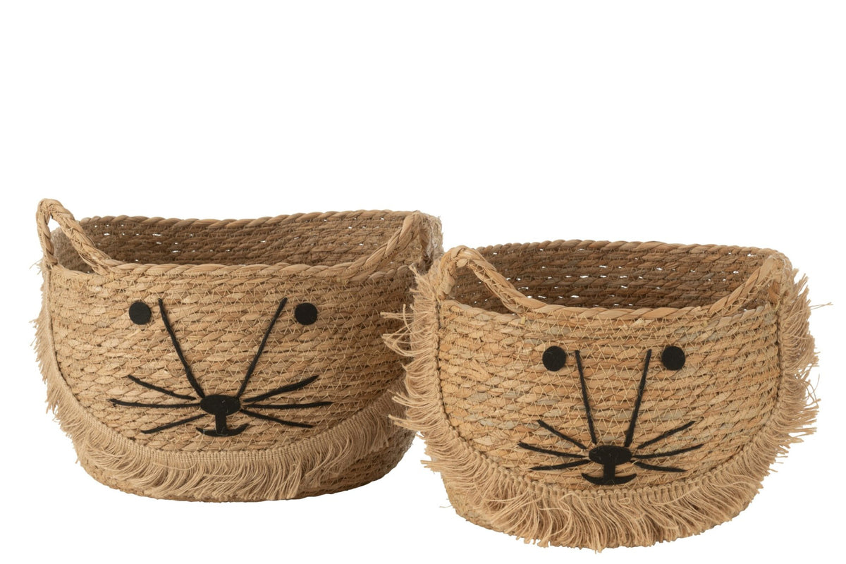 Set of 2 natural/black wicker cat baskets