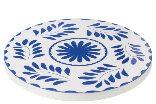 Dienblad draaiend rond bloemen patroon mango hout blauw/wit
