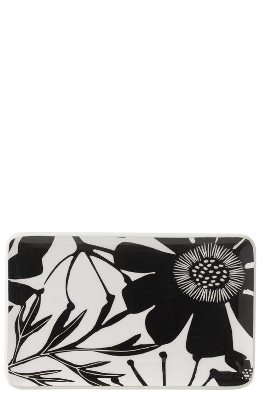 Schotel rechthoekig bloemen patroon mango hout zwart/wit