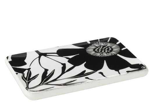 Schotel rechthoekig bloemen patroon mango hout zwart/wit