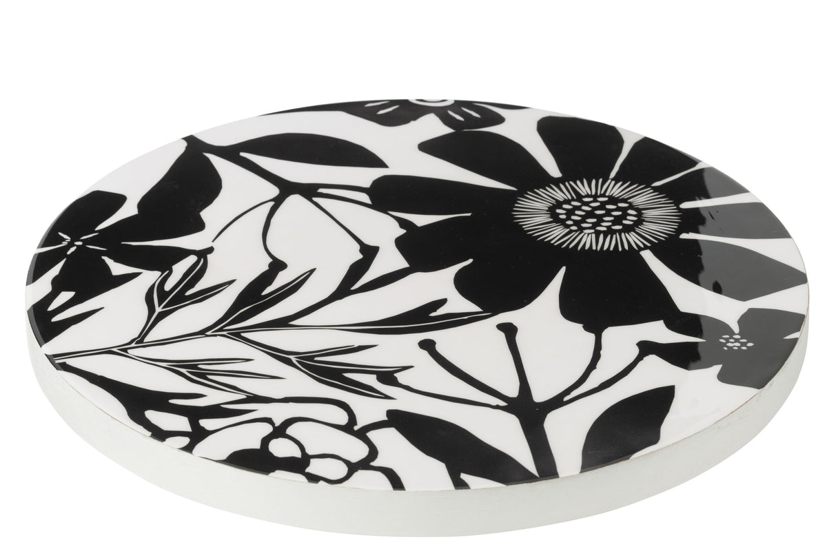 Dienblad draaiend rond bloemen patroon mango hout zwart/wit