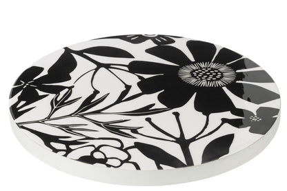 Dienblad draaiend rond bloemen patroon mango hout zwart/wit