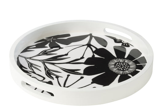 Dienblad rond met handvatten bloemen patroon mango hout zwart/wit