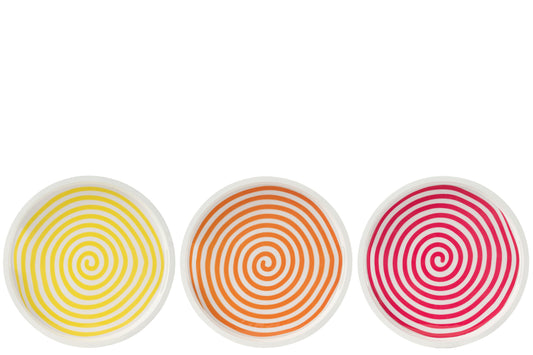 Dienblad rond mango hout roze/oranje/geel assortiment van 3