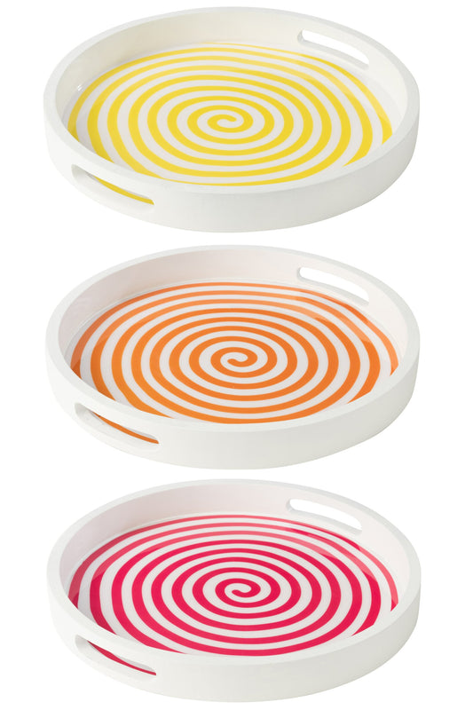 Dienblad rond mango hout roze/oranje/geel assortiment van 3