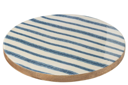 Dienblad draaiend rond strepen mango hout blauw/wit