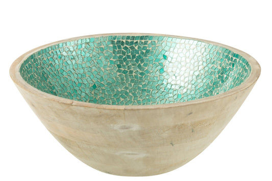 Grand bol en bois de manguier vert motif mosaïque