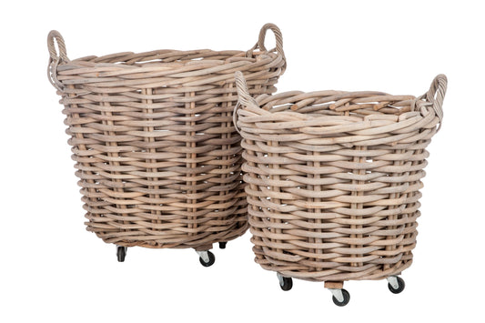 Set 2 manden rond + handvat riet naturel 75x60cm