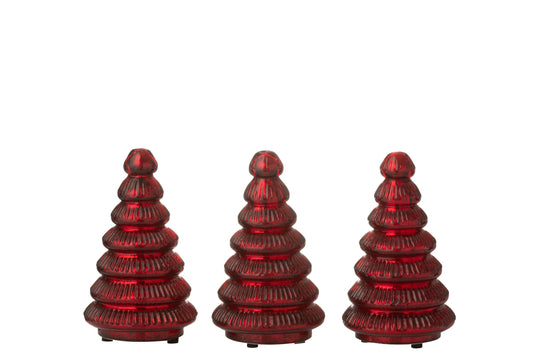 Box Of 3 Tree LED Ribbed Glass Christmas Red