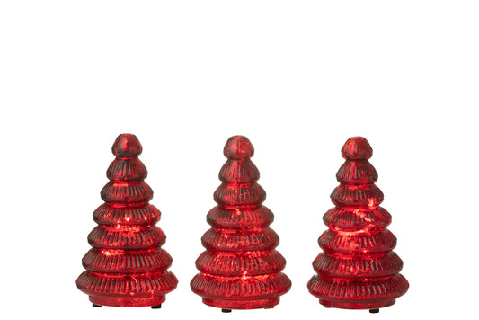Box Of 3 Tree LED Ribbed Glass Christmas Red