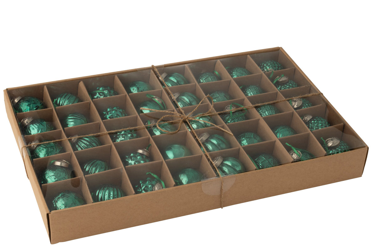 Box Of 40 Christmas Bauble 8 Patterns Glass Green