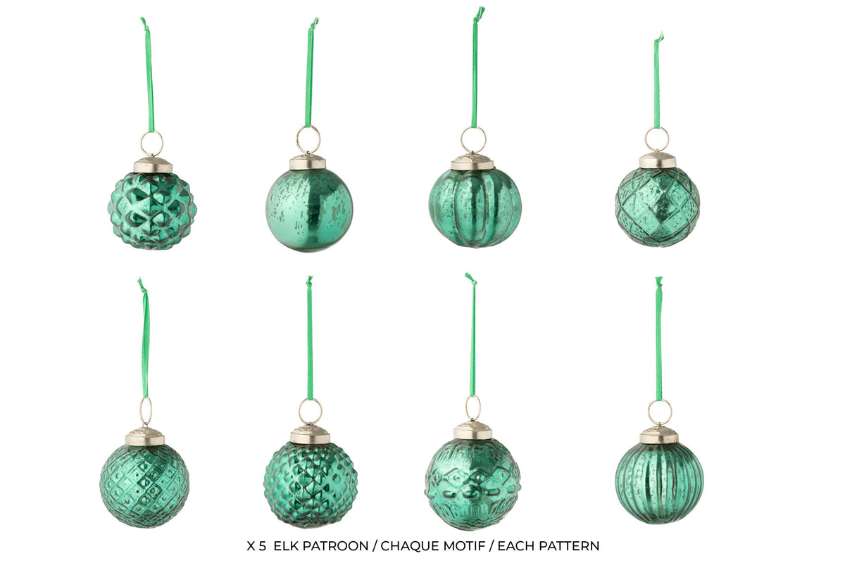 Box Of 40 Christmas Bauble 8 Patterns Glass Green