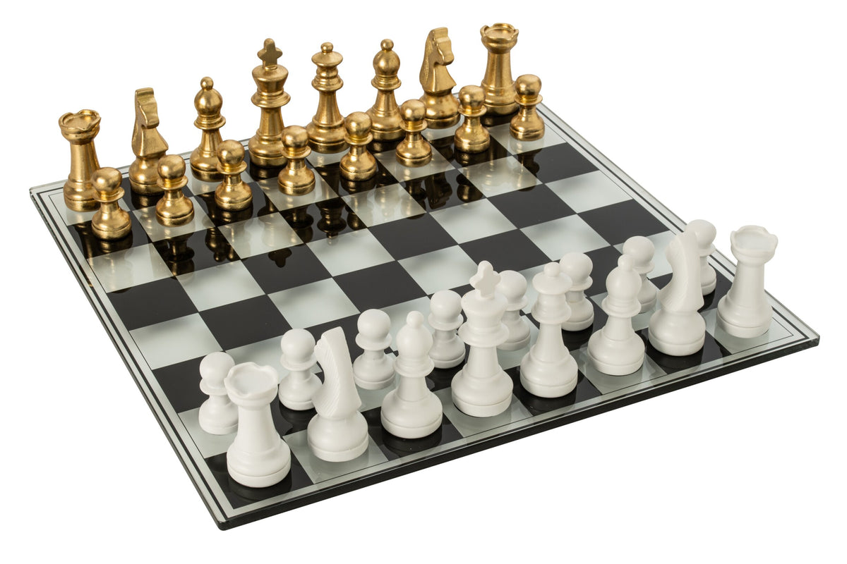 Chess Set Board Polyresin Gold Colored/White