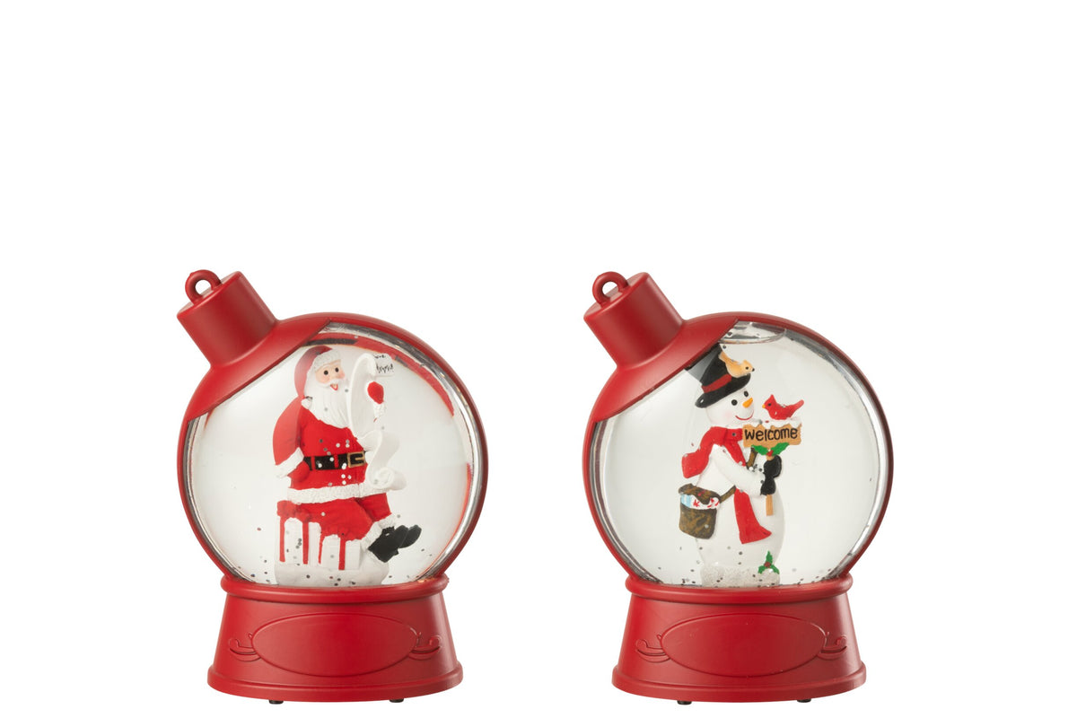 Hanger Water Globe Snowman + Santa Claus Plastic Christmas Red Assortment Of 2