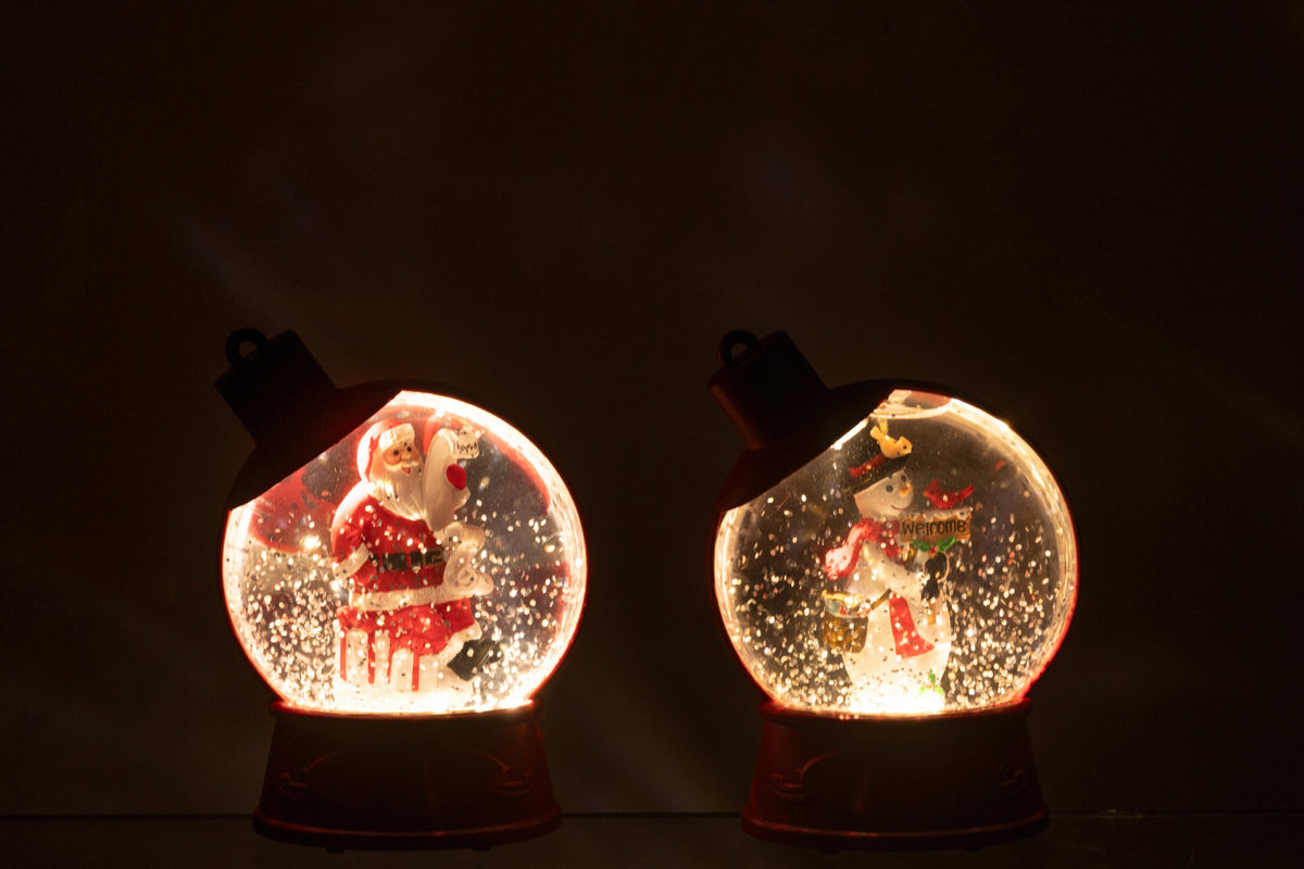 Hanger Water Globe Snowman + Santa Claus Plastic Christmas Red Assortment Of 2