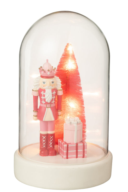 Decorative Bell Jar LED Nutcracker + Tree + Gifts Limepowder White/Pink