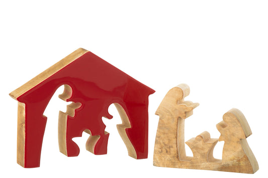Nativity In House Mango Wood Christmas Red/Natural Large