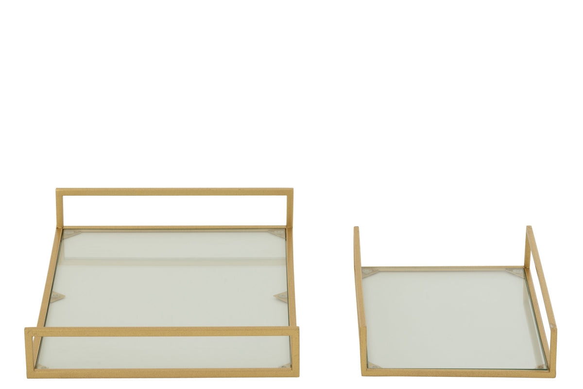 Set van 2 decoratief dienblad ijzer/glas goudkleurig