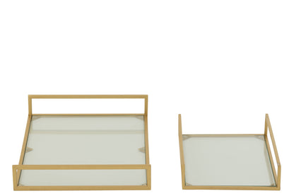 Set van 2 decoratief dienblad ijzer/glas goudkleurig