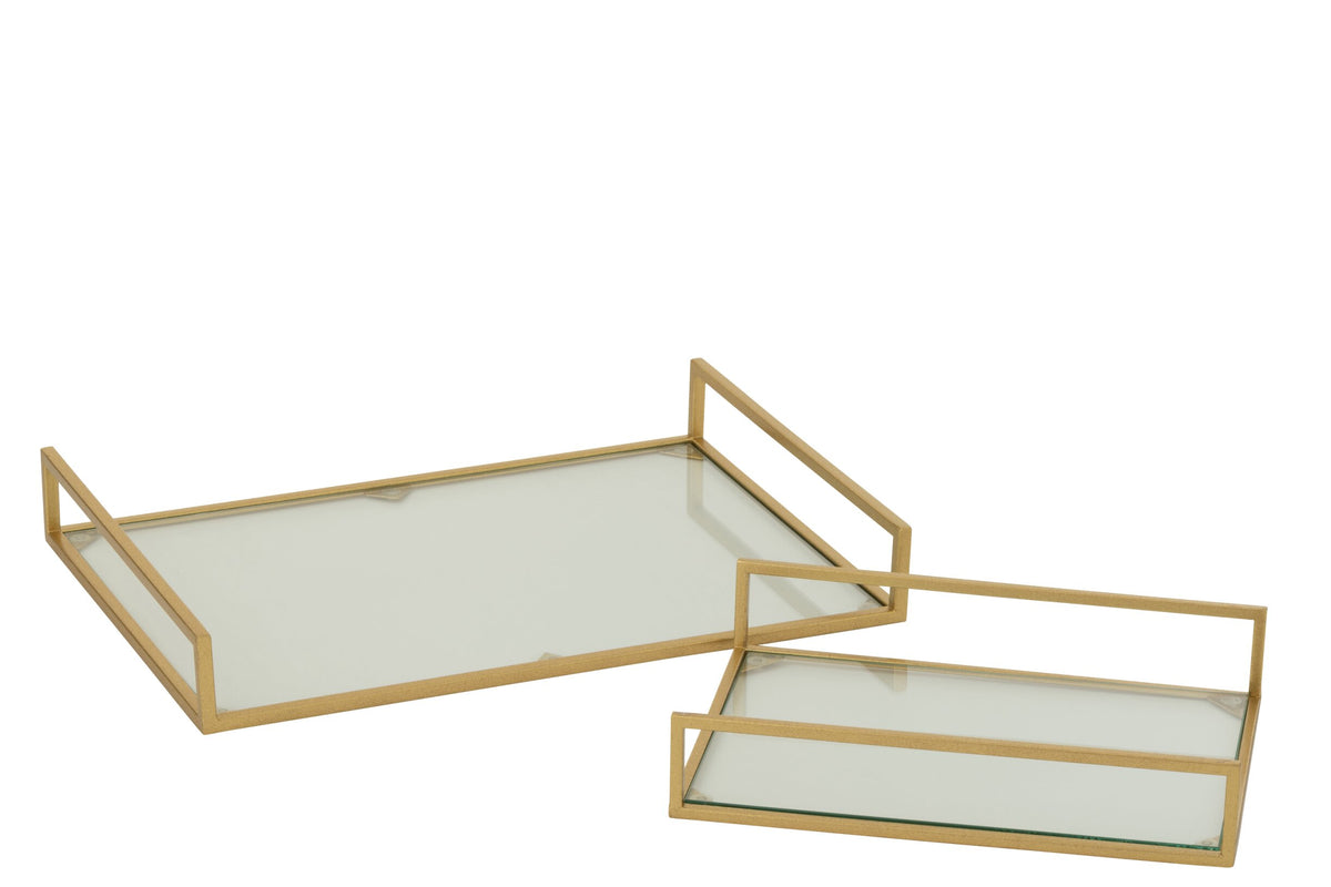 Set van 2 decoratief dienblad ijzer/glas goudkleurig