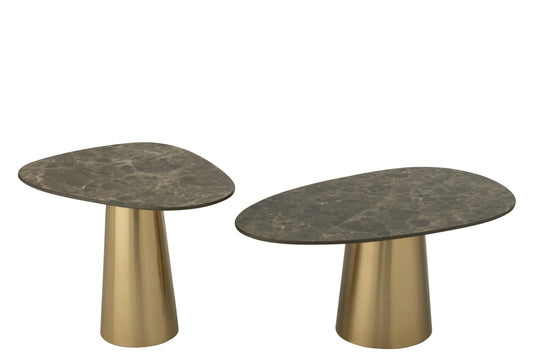 Set Of 2 Side Table Marble Effect Iron Bronze Colored/Taupe