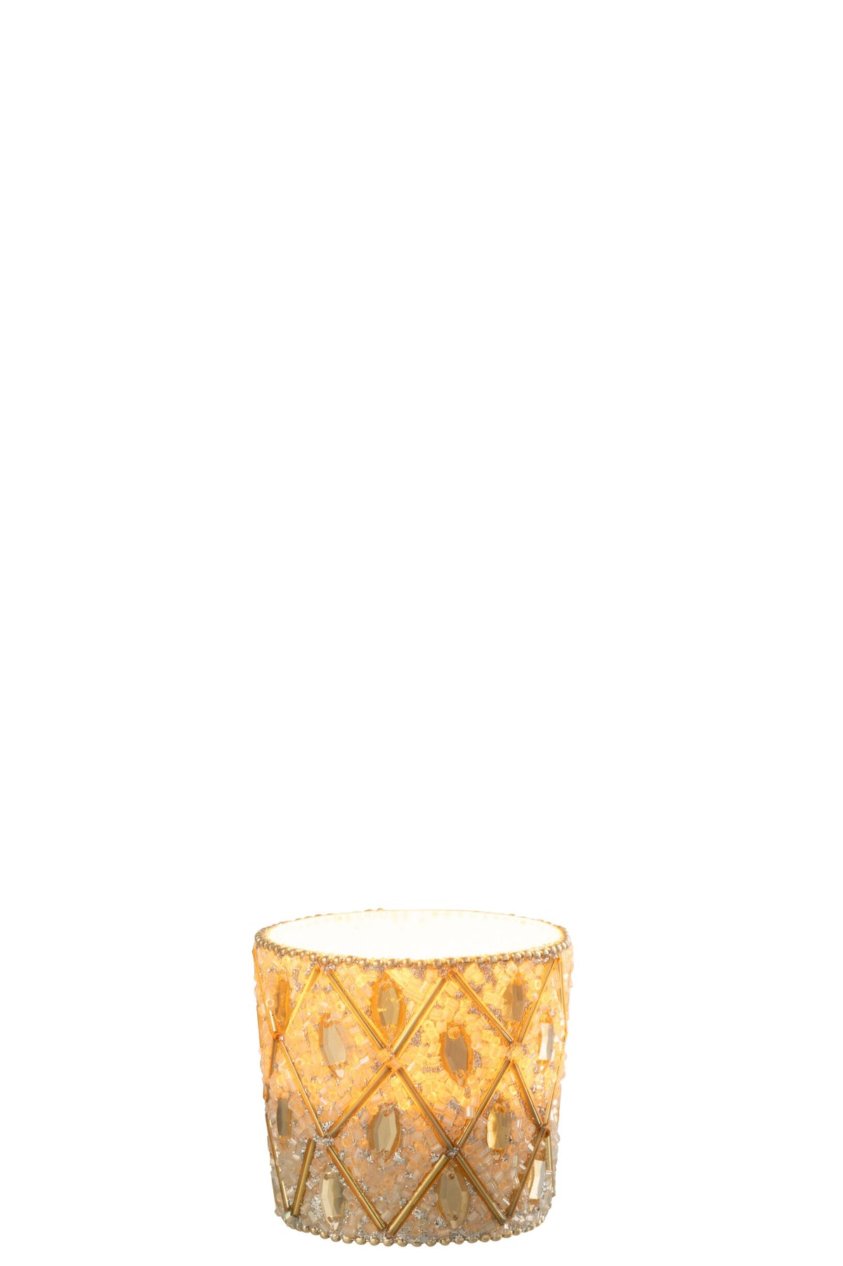 Theelichthouder Glas/Kralen Wit/Goudkleurig Small
