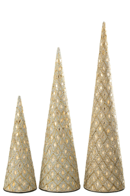 Set Of 3 Cone Iron/Beads White/Gold Colored