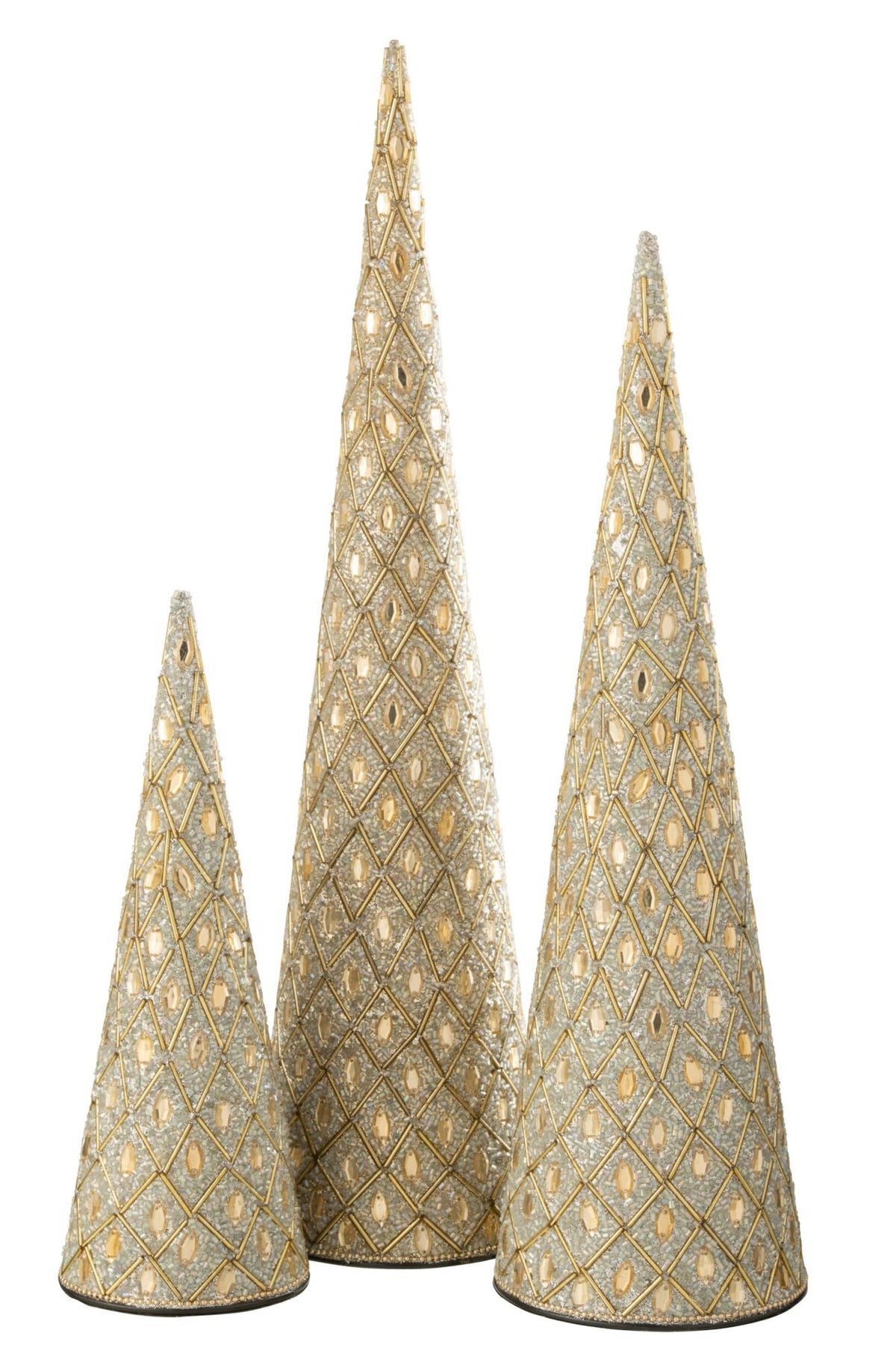 Set Of 3 Cone Iron/Beads White/Gold Colored