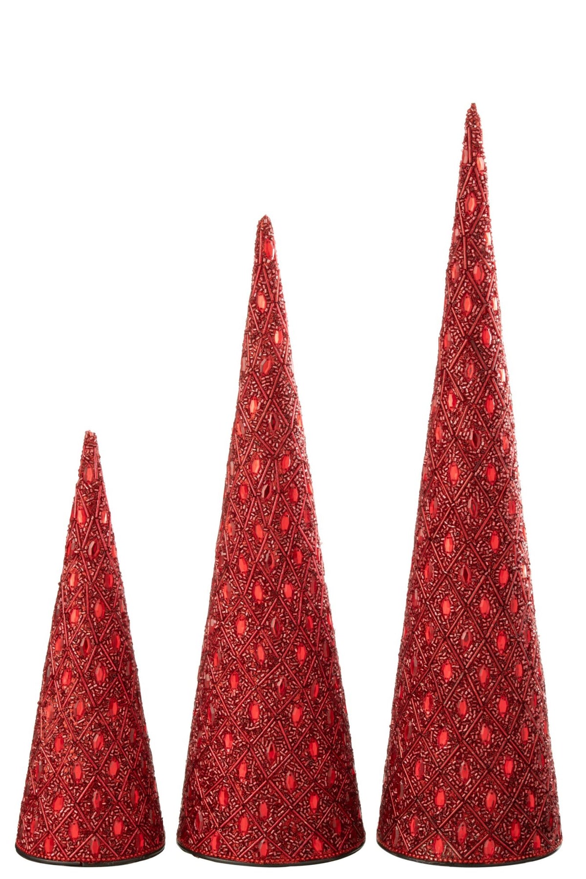Set Of 3 Cone Iron/Beads Christmas Red