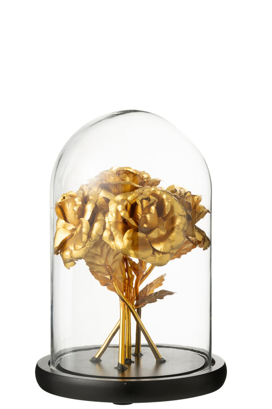 Decorative Bell Jar Bouquet Of Roses Glass Gold Colored/Black Medium